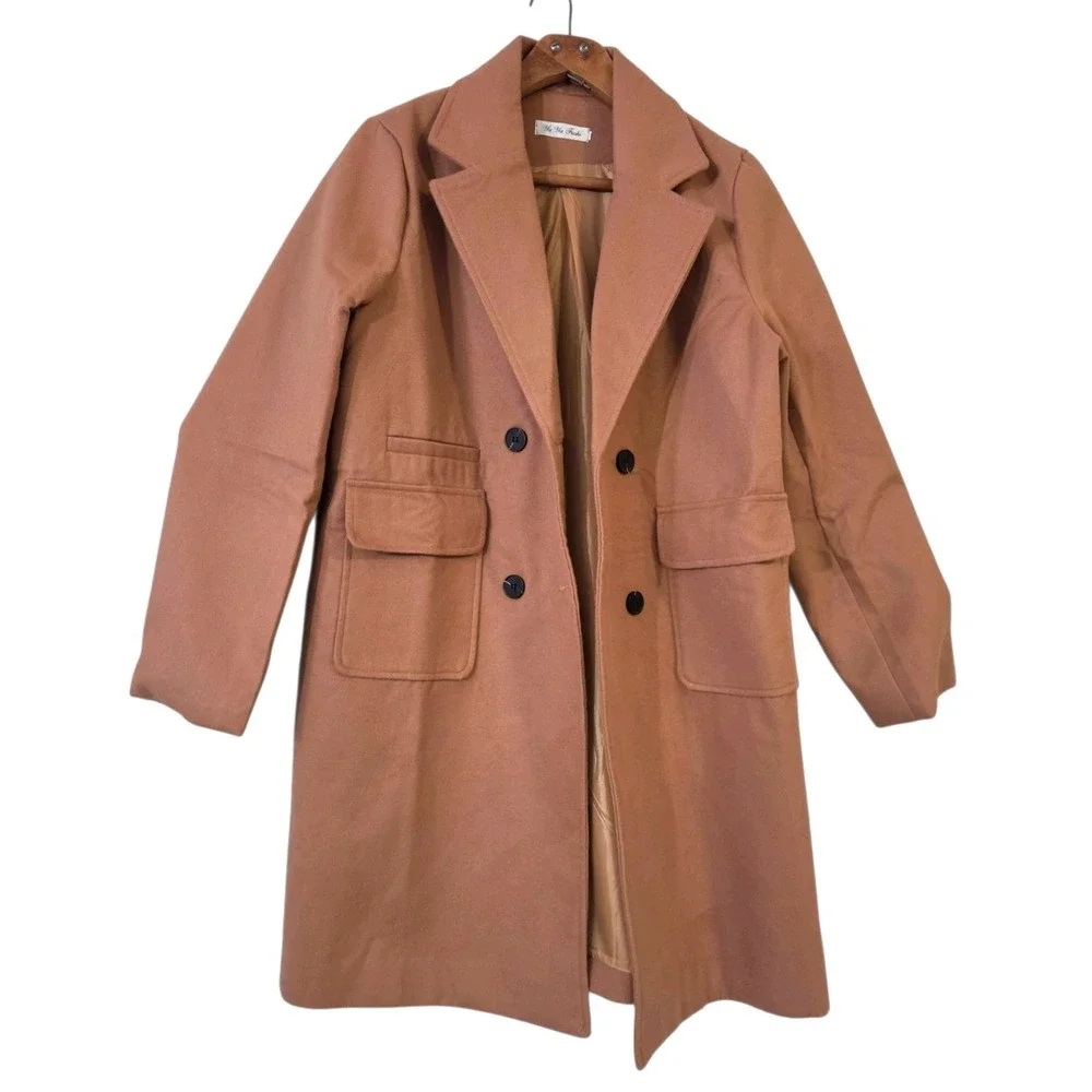 Ya Ya Fushi‎ Long Double Breasted Trench Coat Camel Colored Women's Size Small